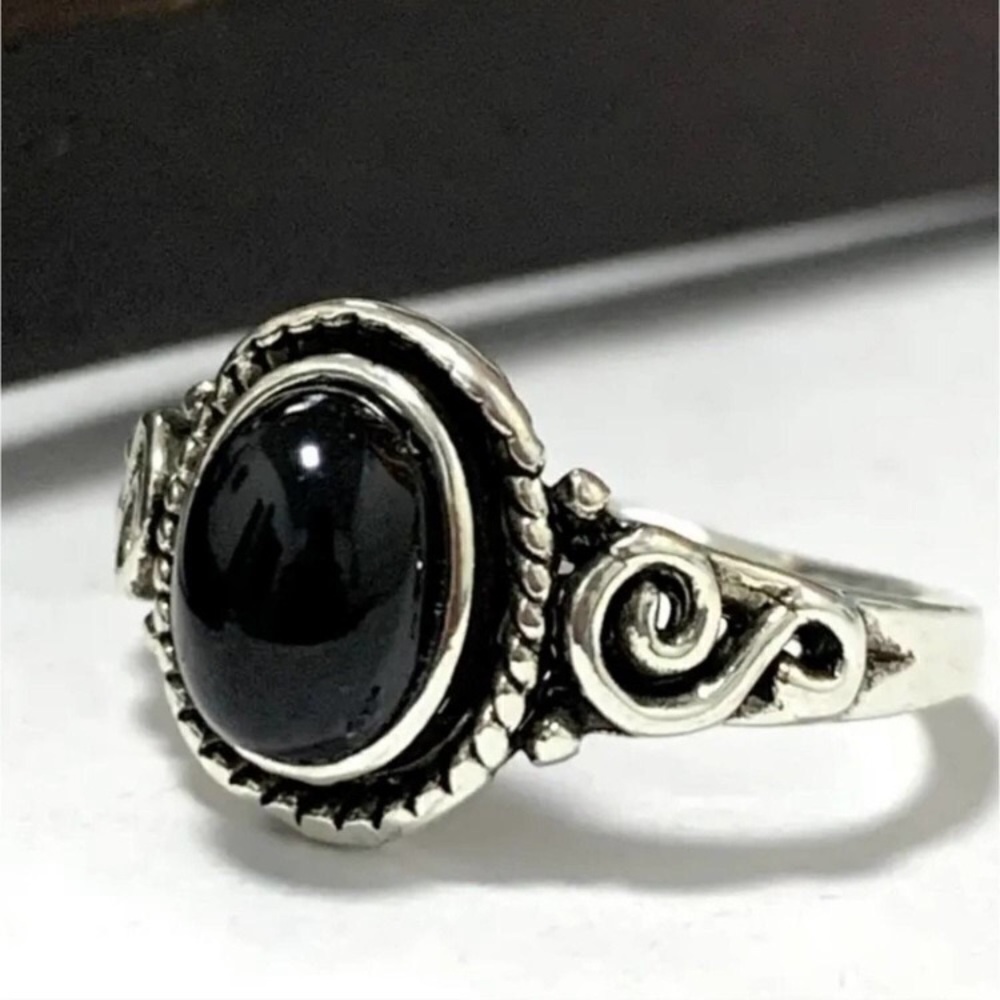 Black Obsidian Ring Silver Plated Vintage Style Band